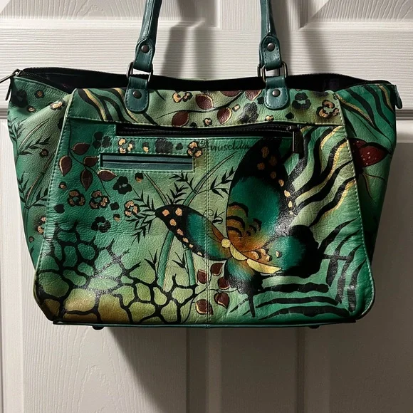 Anuschka Hand-Painted Butterfly Design Green Leather Tote - Picture 4 of 16